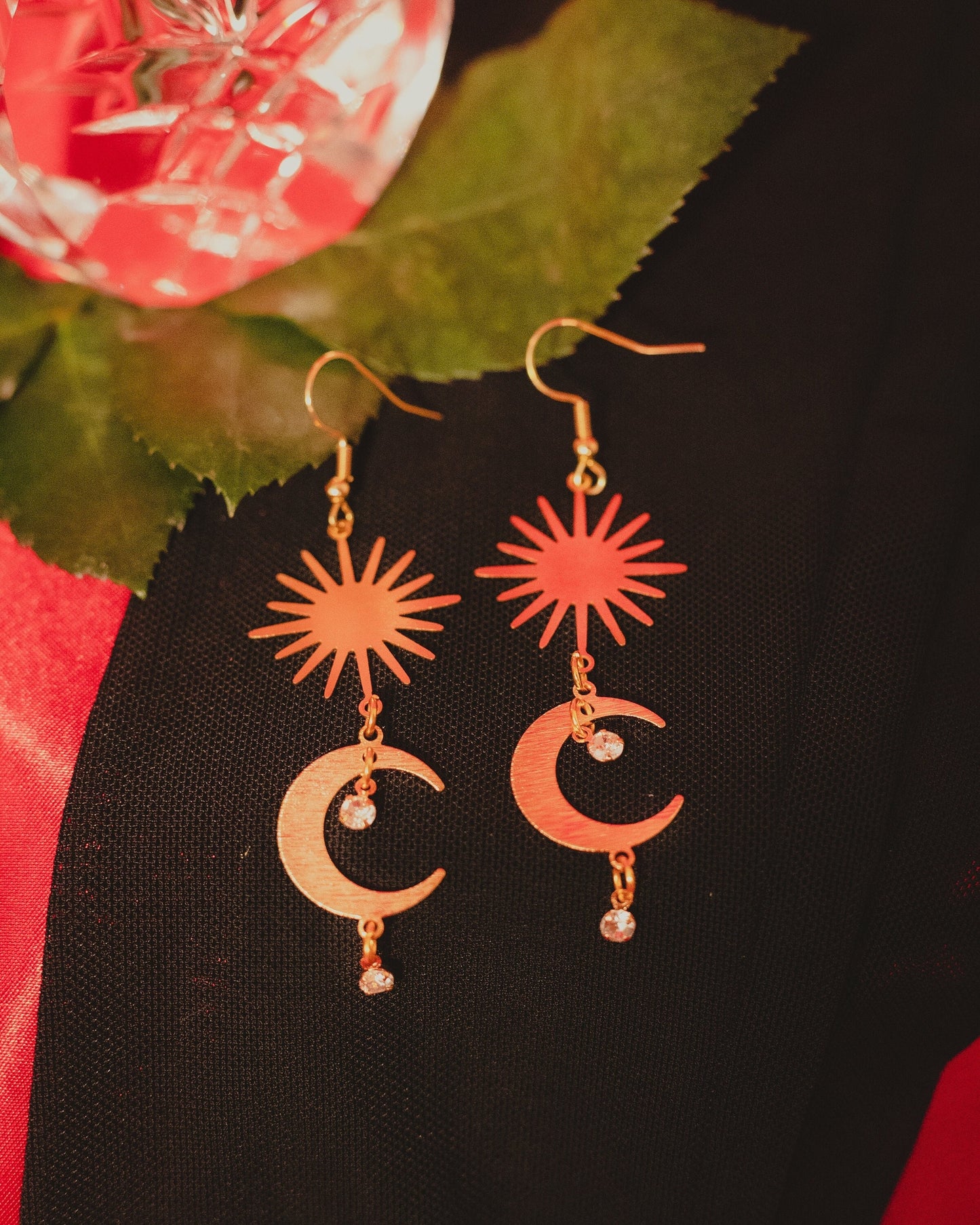 witch jewelry for women pagan jewelry celtic witch astronomy Witchy Moon Earrings Celtic witch jewelry gift for her Two Gold Options for Celestial Sun and Moon earrings with hypoallergenic dangles and crystals handmade jewelry