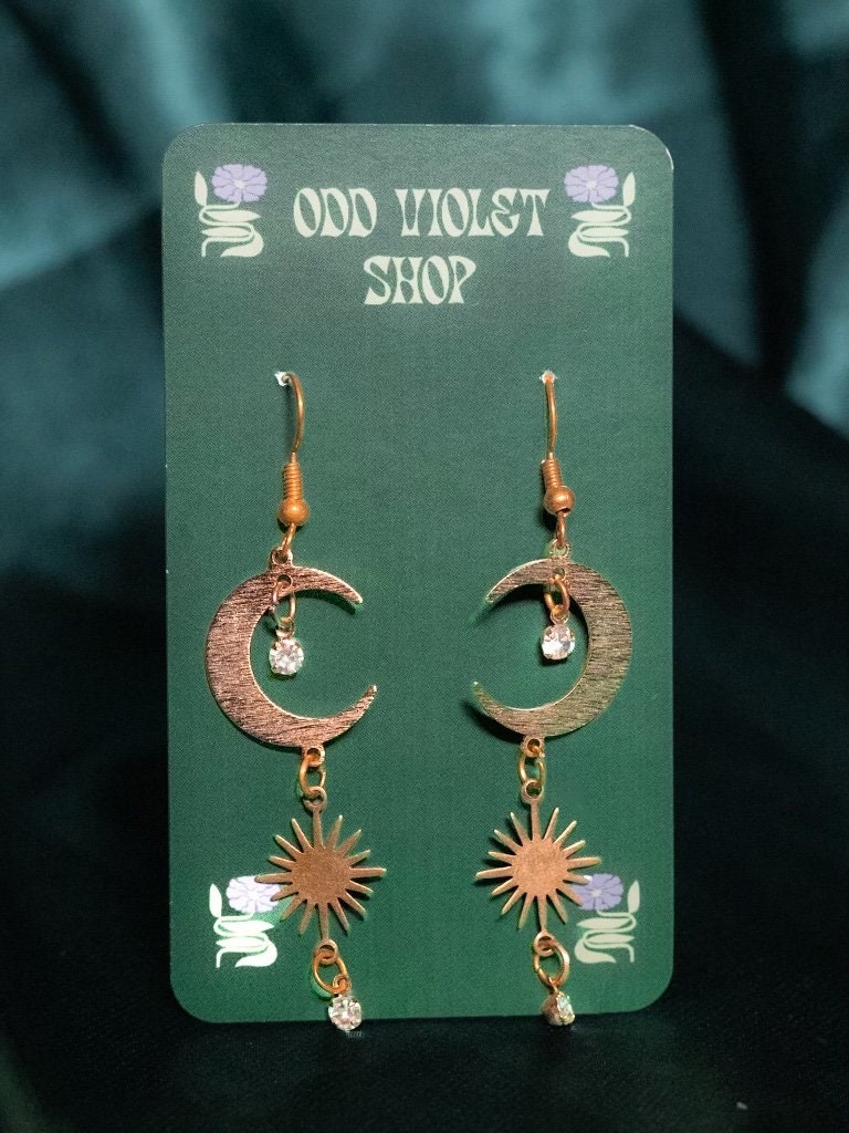 witch jewelry for women pagan jewelry celtic witch astronomy Witchy Moon Earrings Celtic witch jewelry gift for her Two Gold Options for Celestial Sun and Moon earrings with hypoallergenic dangles and crystals handmade jewelry