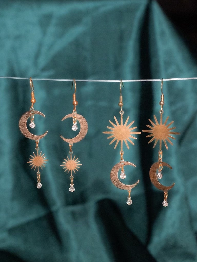 witch jewelry for women pagan jewelry celtic witch astronomy Witchy Moon Earrings Celtic witch jewelry gift for her Two Gold Options for Celestial Sun and Moon earrings with hypoallergenic dangles and crystals handmade jewelry