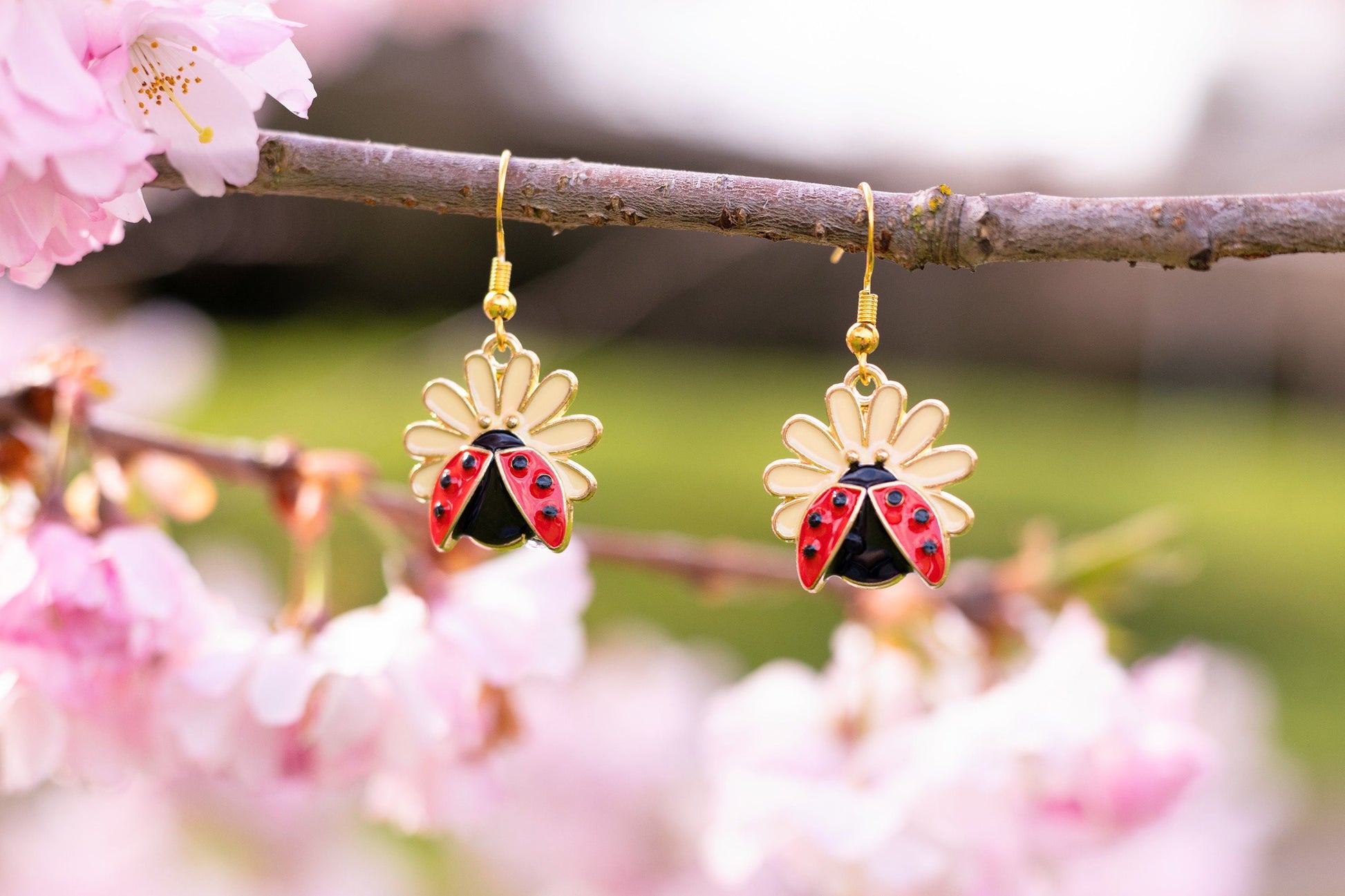 Lady Bug Fairycore Earrings Fairy Fae Daisy Lover Gift Cottagecore Jewelry Mystical Garden Earrings Aesthetic Gardening Earrings