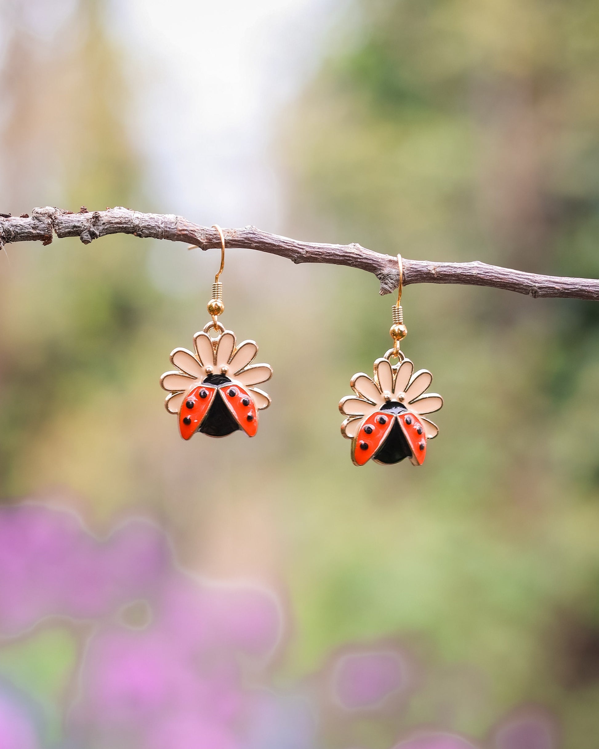 Lady Bug Fairycore Earrings Fairy Fae Daisy Lover Gift Cottagecore Jewelry Mystical Garden Earrings Aesthetic Gardening Earrings