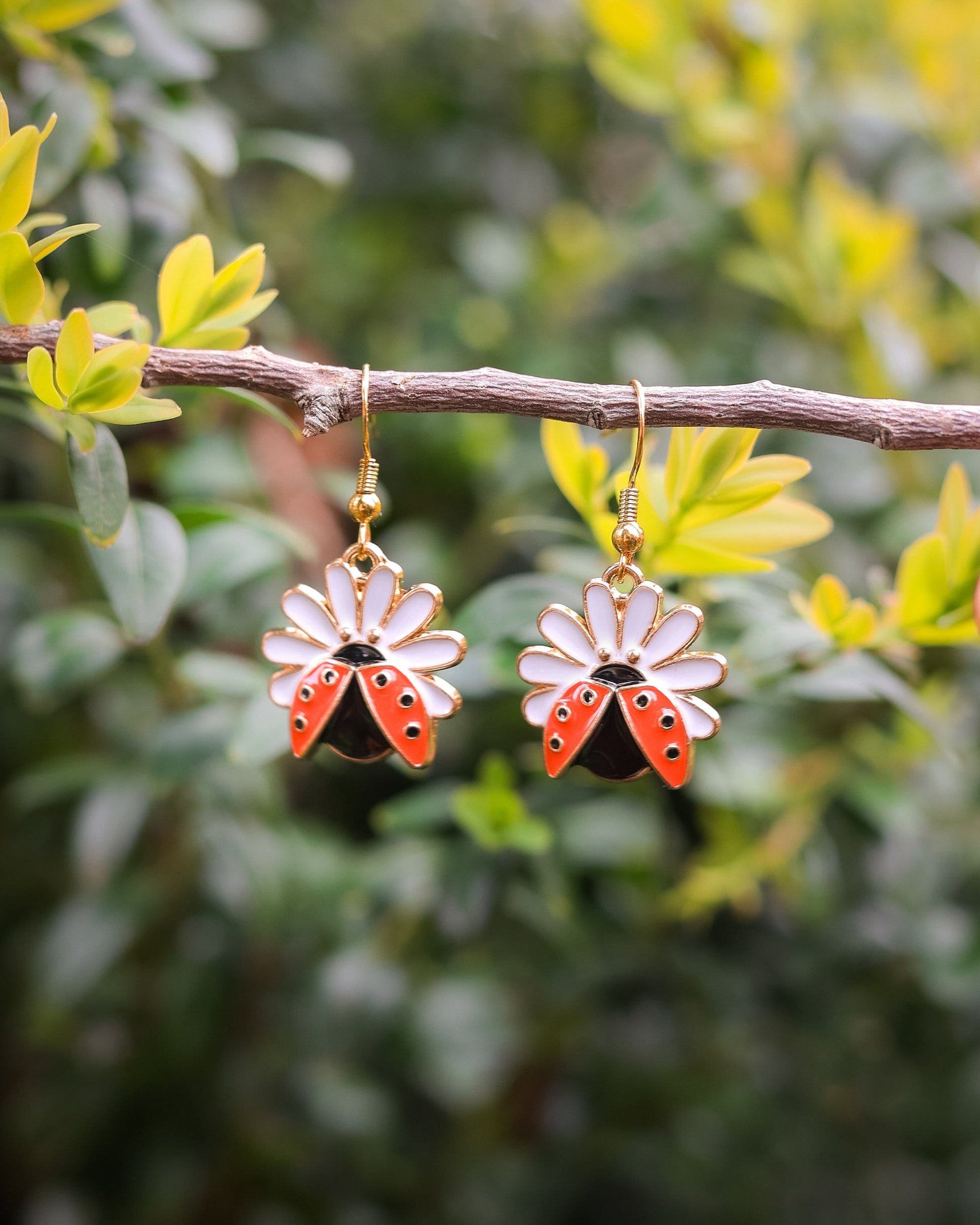 Lady Bug Fairycore Earrings Fairy Fae Daisy Lover Gift Cottagecore Jewelry Mystical Garden Earrings Aesthetic Gardening Earrings