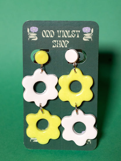 Two Tiered Flower Earrings Retro Groovy Daisy Jewelry Hippy Flower Clayjewelry Retro Groovy Earrings Maximalist Jewelry Lesbian Earrings